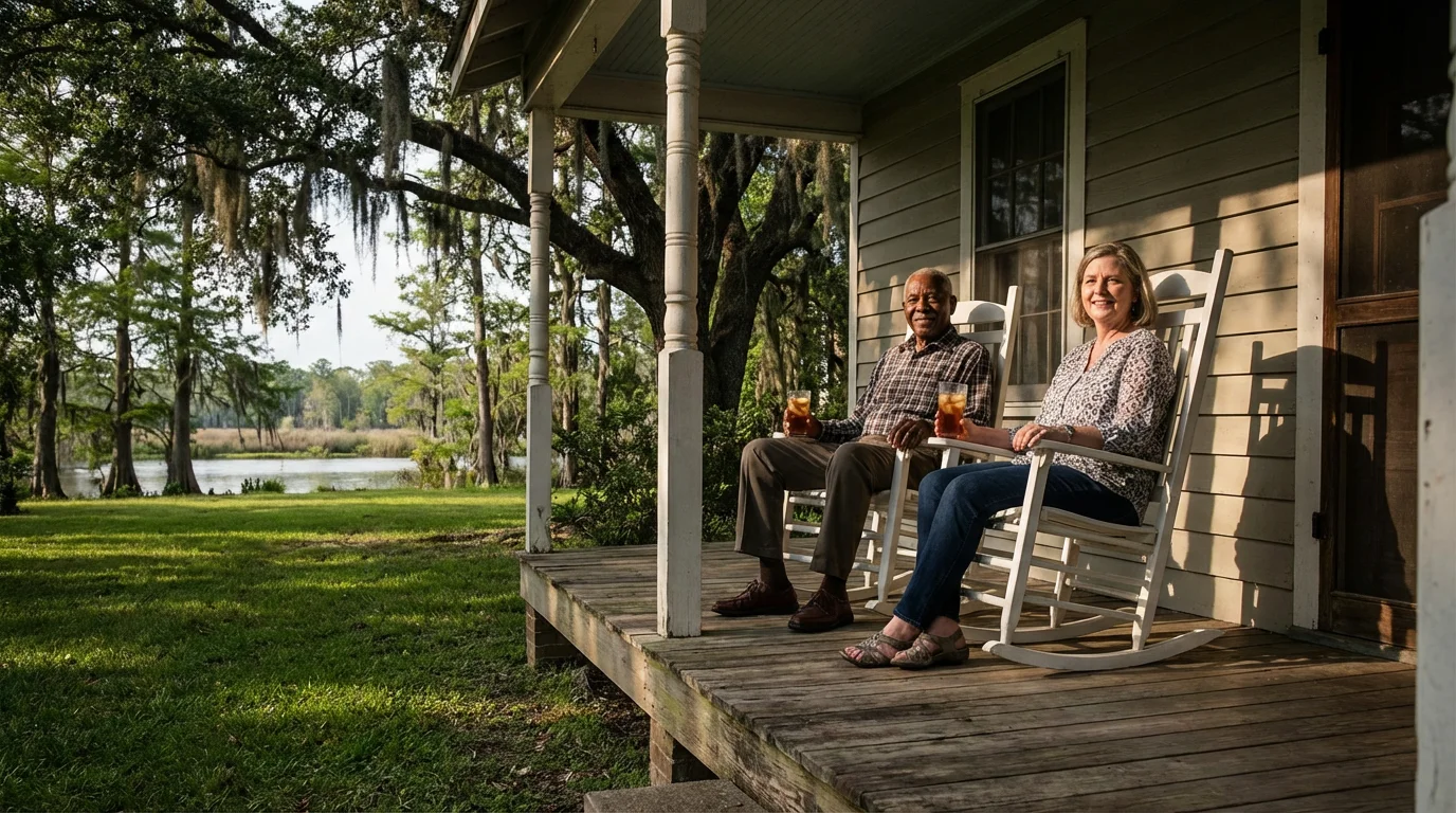 A senior couple relaxes in rocking chairs on a Mississippi porch in the afternoon sun.