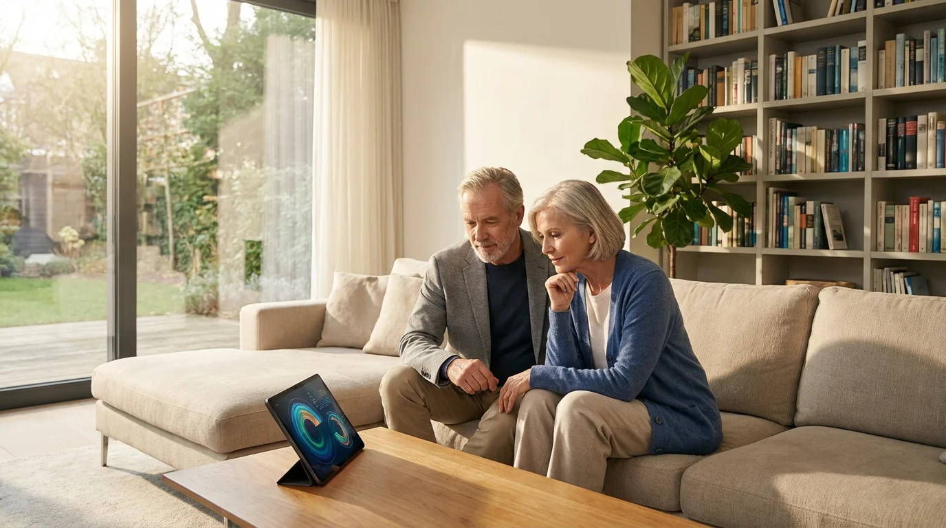 A senior couple researches healthcare options on a tablet in their sunlit living room.