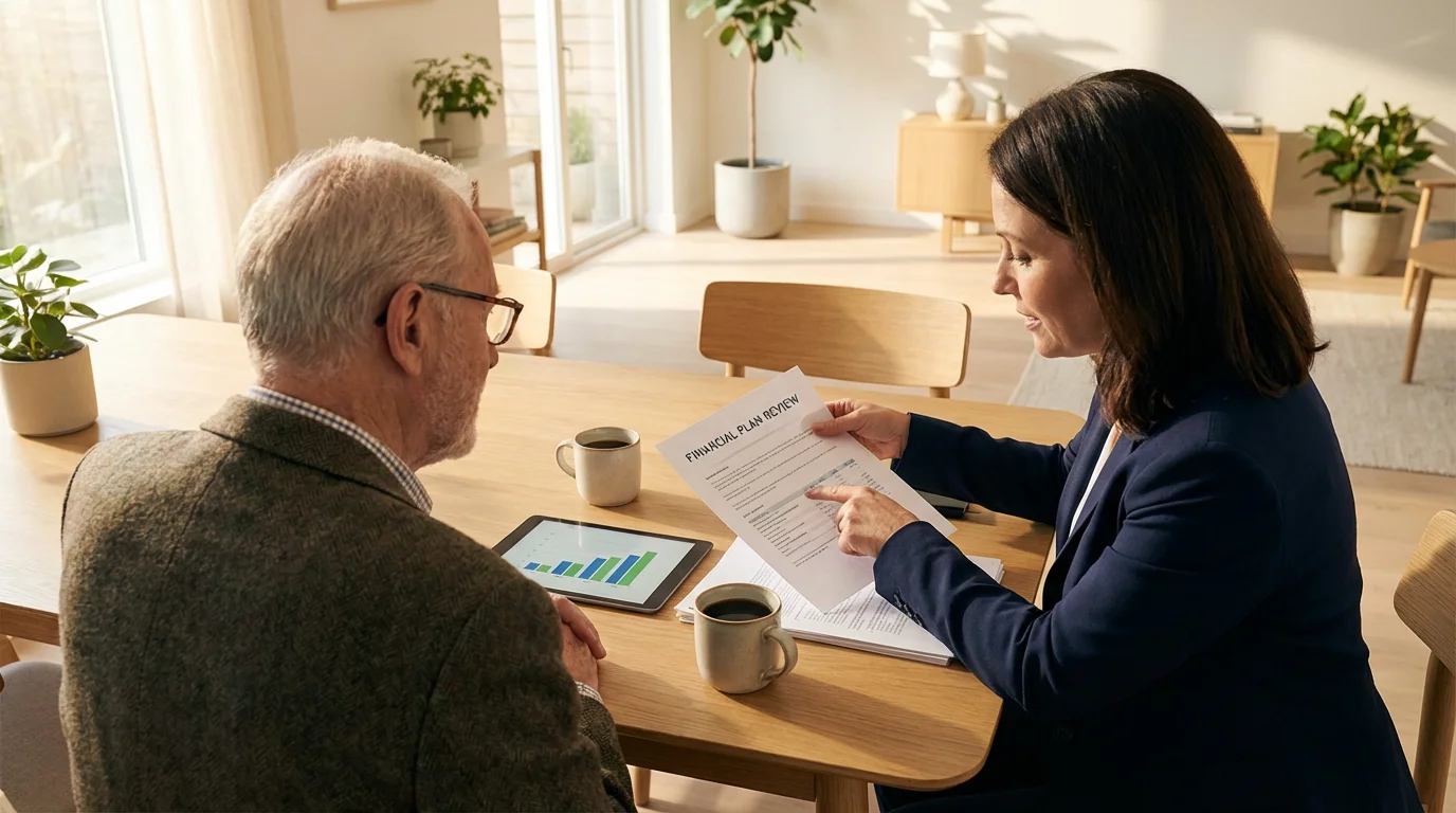 A senior couple reviewing financial papers and a tablet at a sunny breakfast table.