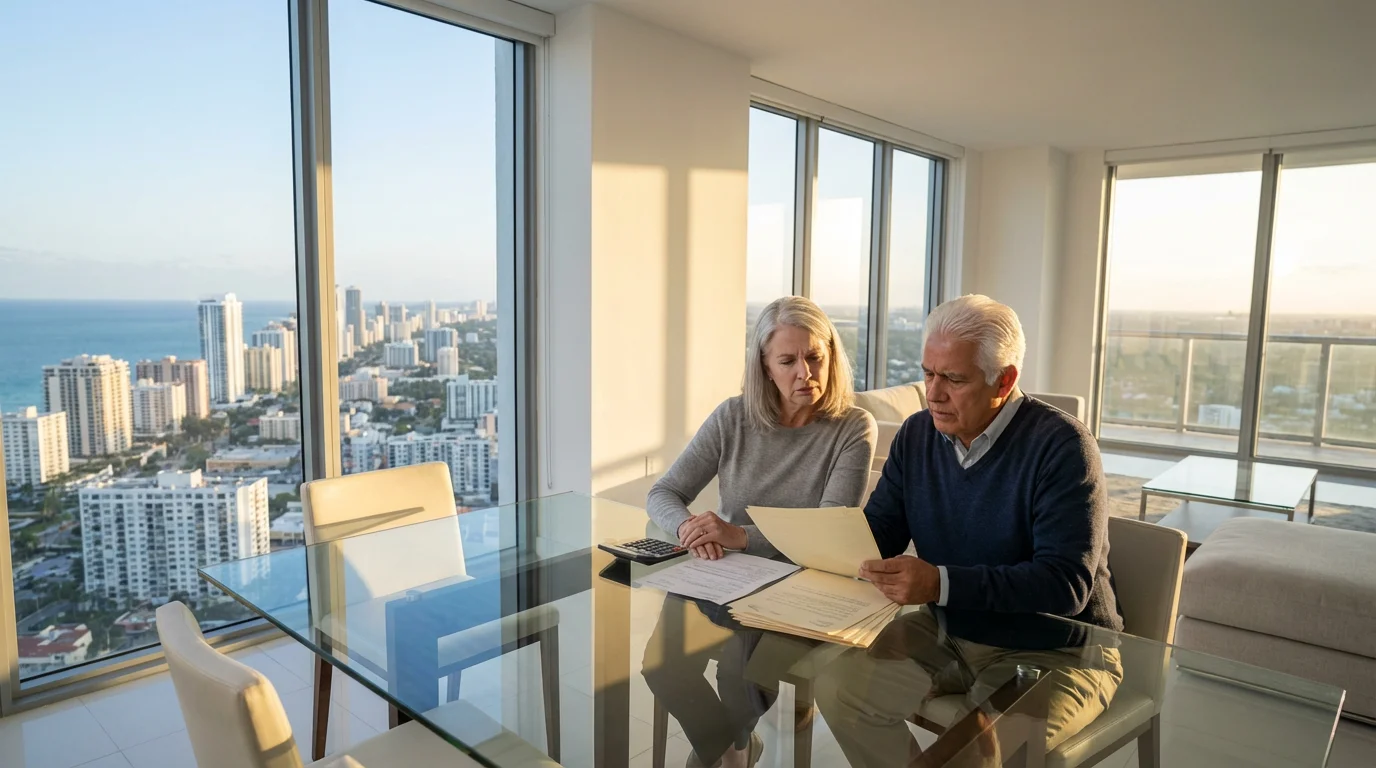 A senior couple reviews financial documents with concerned expressions in a modern city apartment.