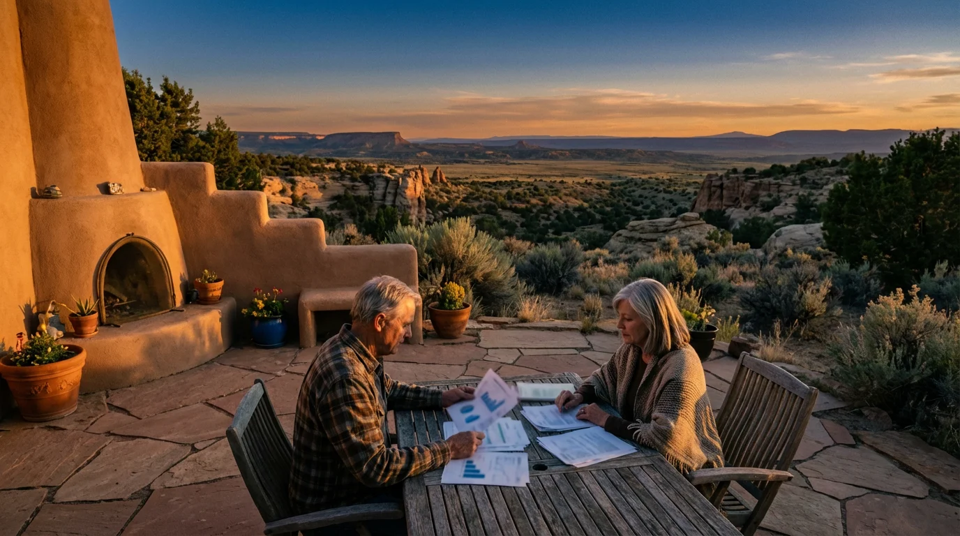 A senior couple reviews financial papers on a patio overlooking a New Mexico desert sunset.