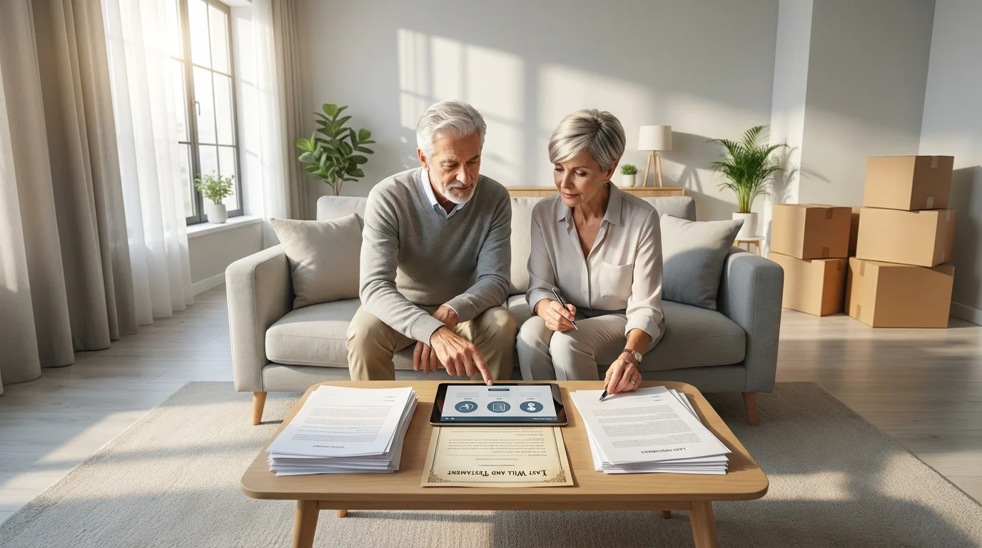 A senior couple reviews legal documents and a tablet in their modern, sunlit living room.