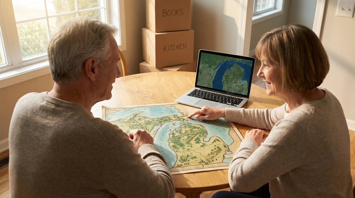A senior couple seen over-the-shoulder, planning their move to Michigan with a map.