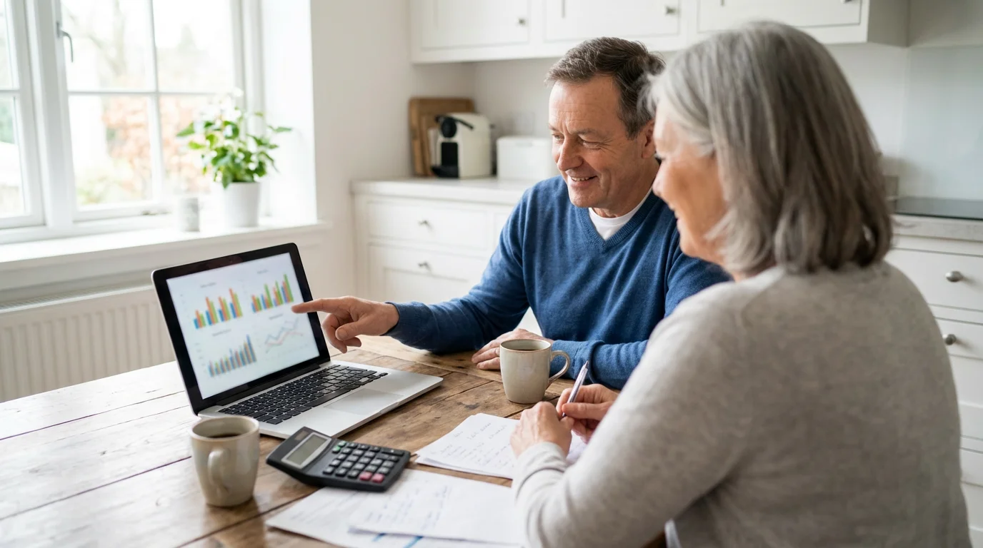 A senior couple sits at a kitchen table, using a laptop to plan their finances.