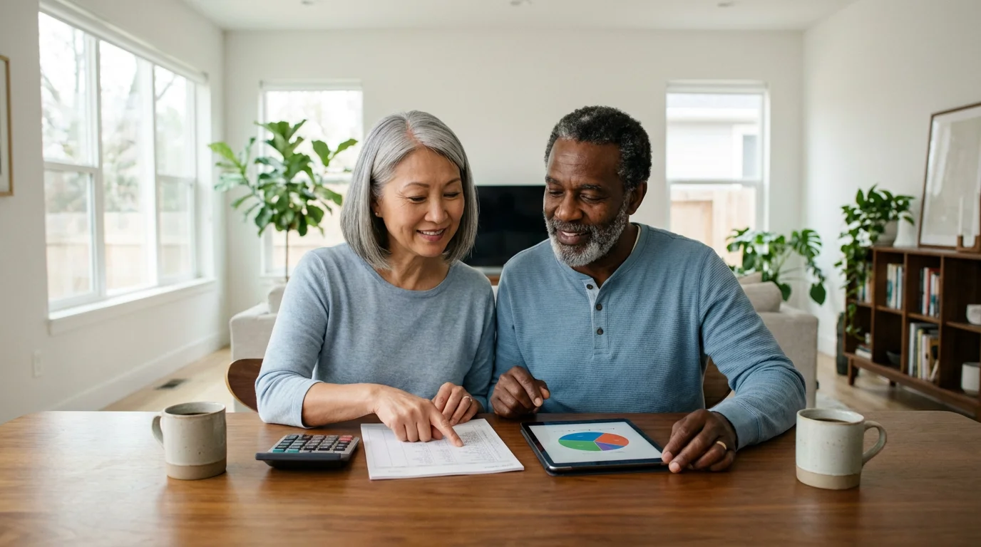 A senior couple sits at a sunlit table planning their retirement recreation budget together.