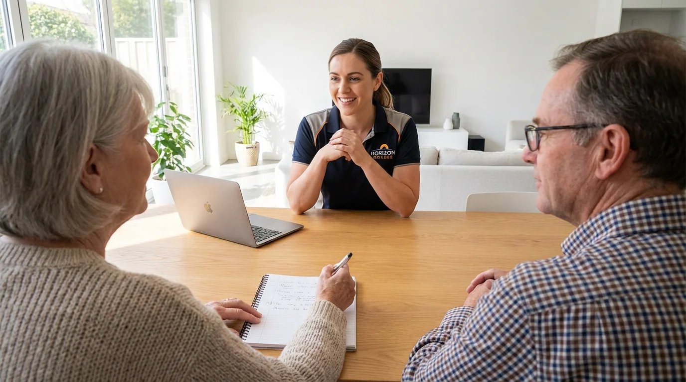 A senior couple sits at a table having a consultation with a moving company professional.