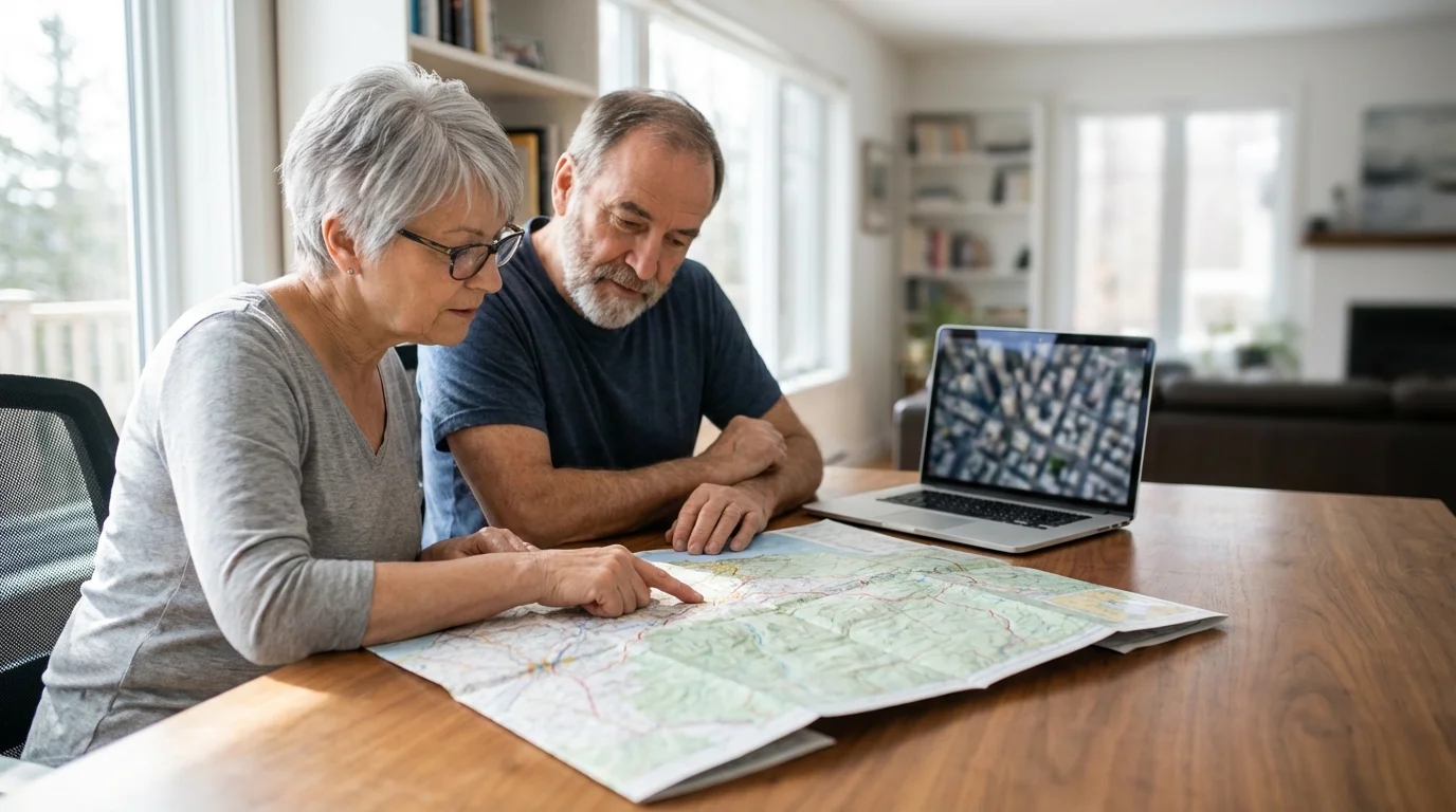 A senior couple sits at a table planning their relocation using a large map.