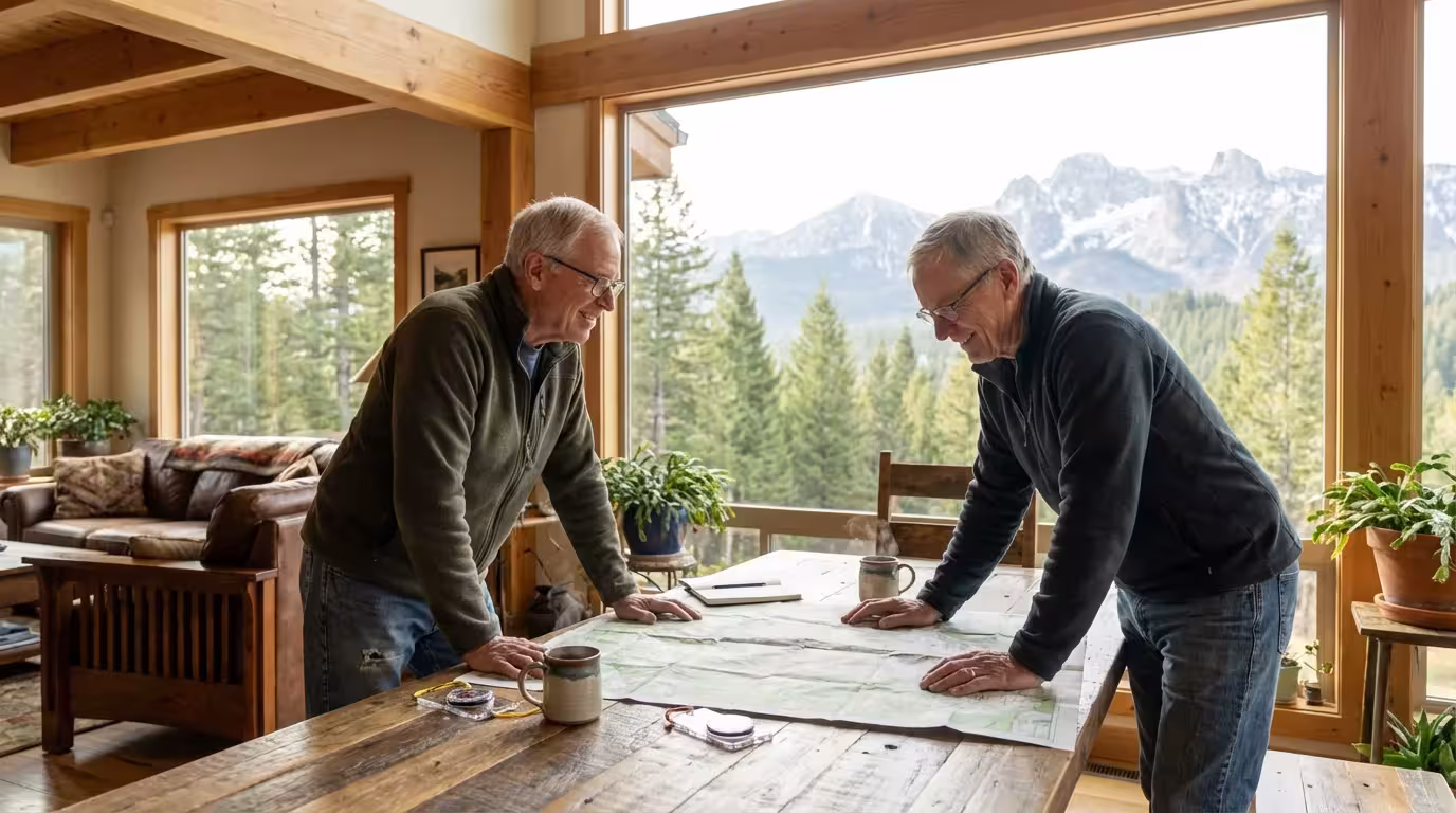A senior couple sits at a table with a map planning an adventure in Idaho.
