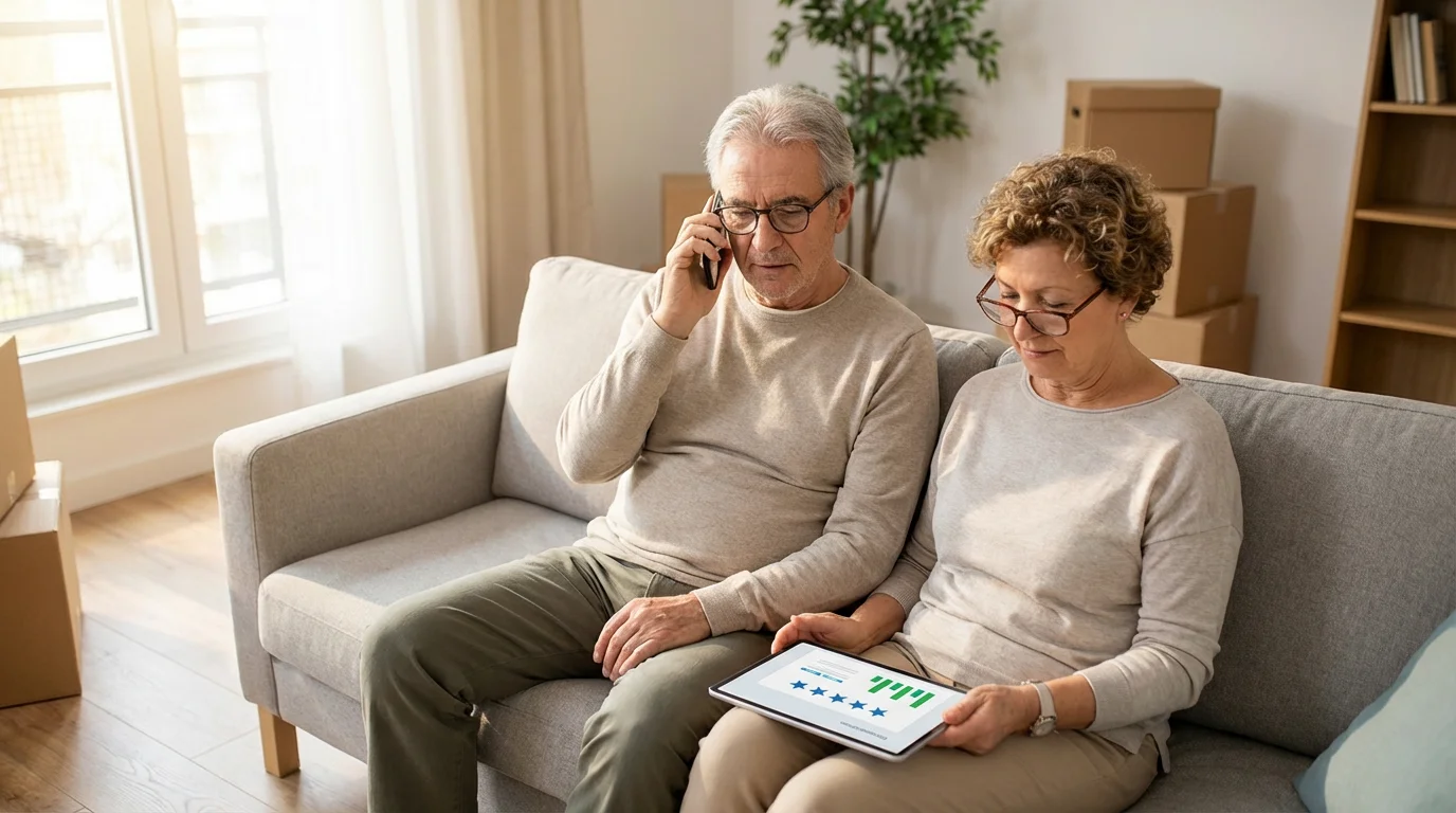 A senior couple sits in a sunlit room, researching moving companies on a phone and tablet.