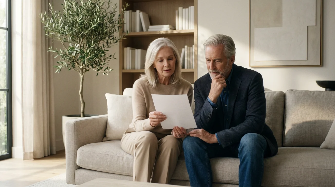 A senior couple sits on a sofa in a bright living room reviewing documents together.