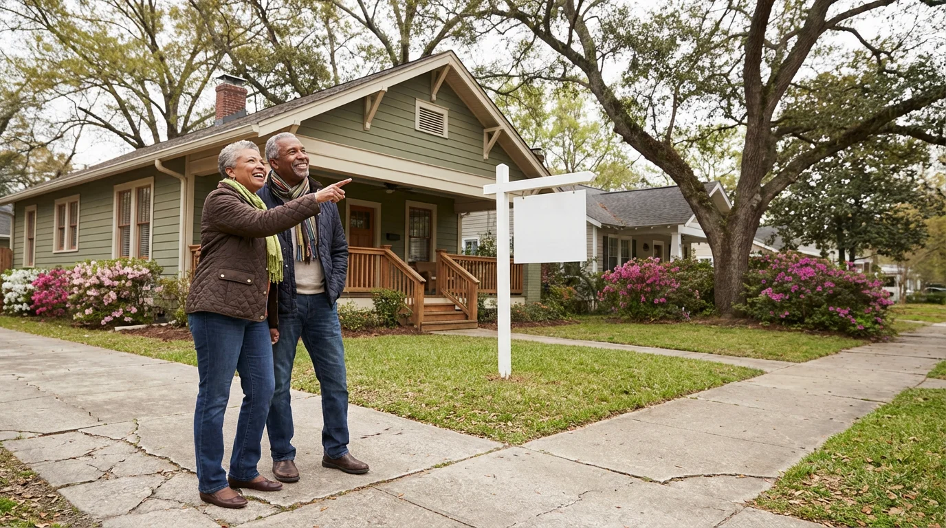 A senior couple smiles while looking at a charming house for sale in Georgia.