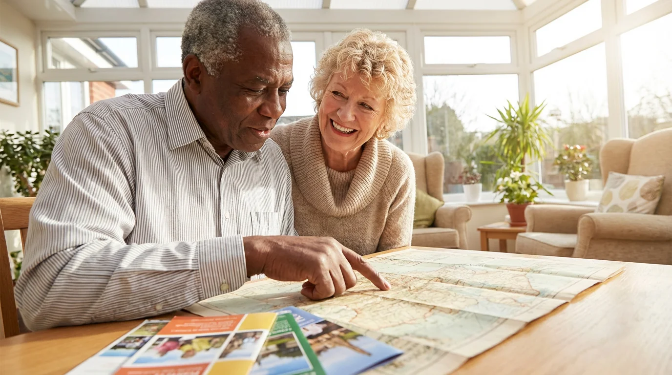 A senior couple smiles while researching potential retirement locations on a large map.