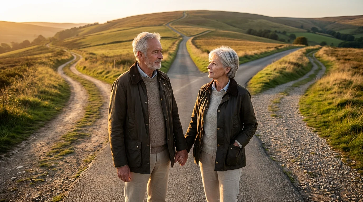A senior couple stands at a fork in a path during a warm sunset.