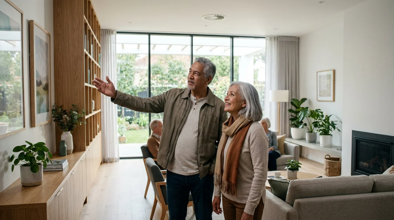 A senior couple taking a tour of a bright, modern common room in an affordable living community.