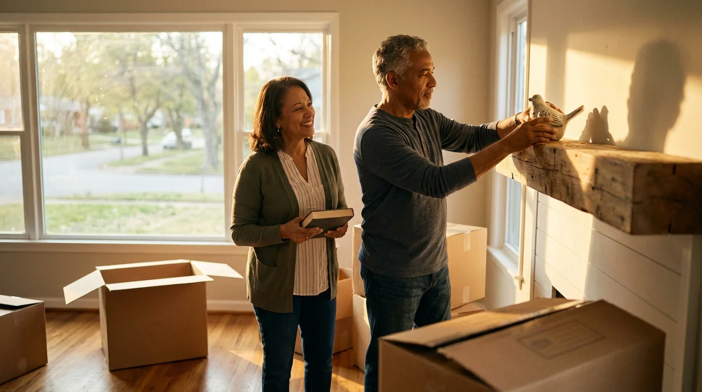 A senior couple unpacks moving boxes in their new Kentucky home during a warm sunset.