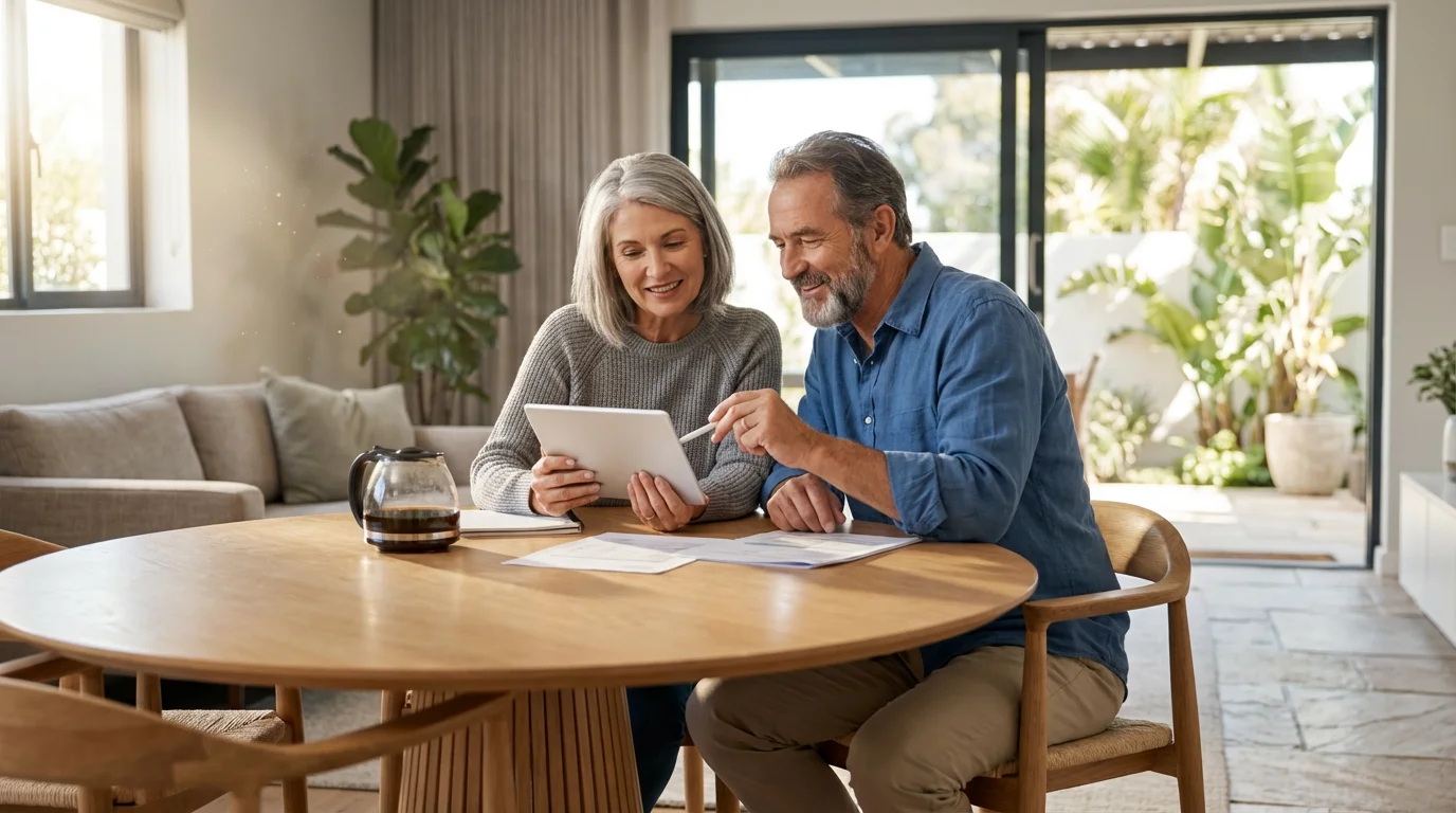 A senior couple using a tablet to plan their finances in a sunny, modern home.