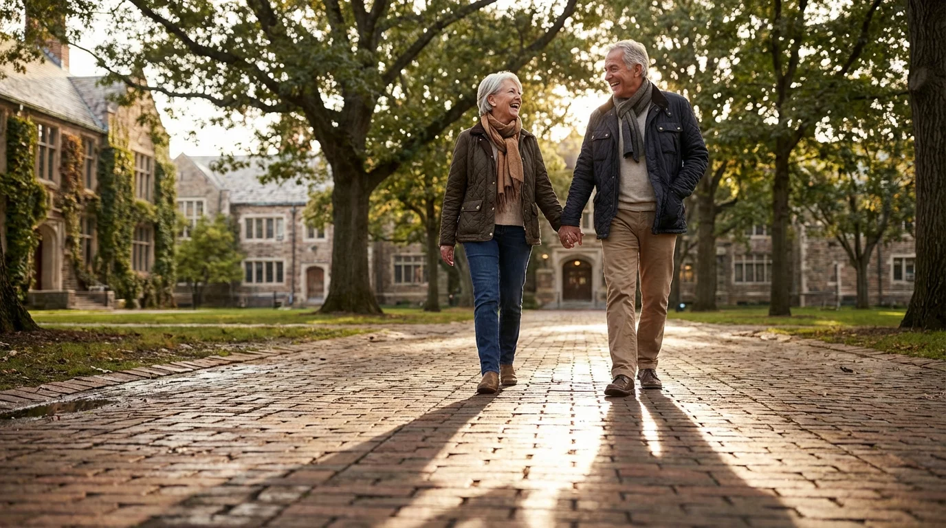 A senior couple walks down a brick sidewalk in a college town at sunset.
