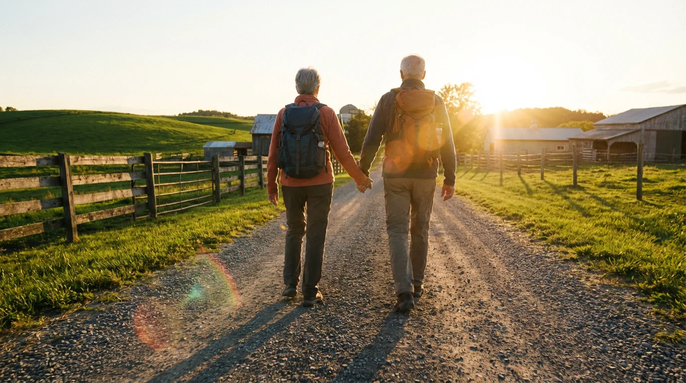 A senior couple walks hand-in-hand down a country road at sunset, exploring rural America.