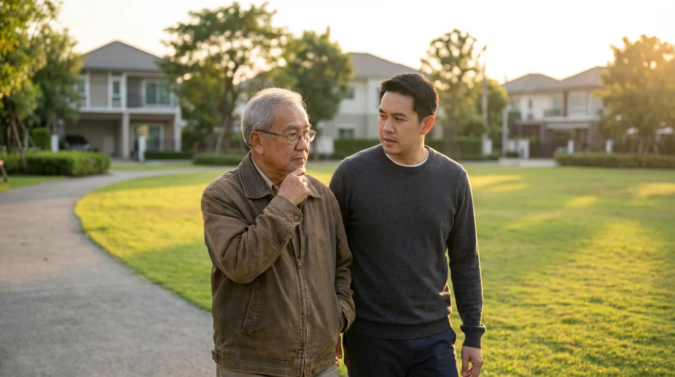 A senior father and his adult son having a serious conversation while walking outdoors.