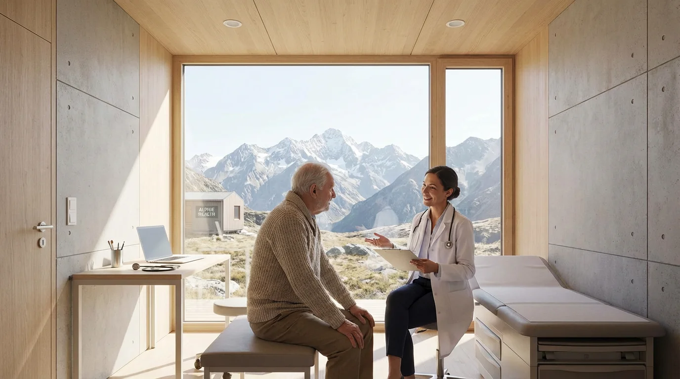 A senior man and a doctor in a small clinic with a mountain view.