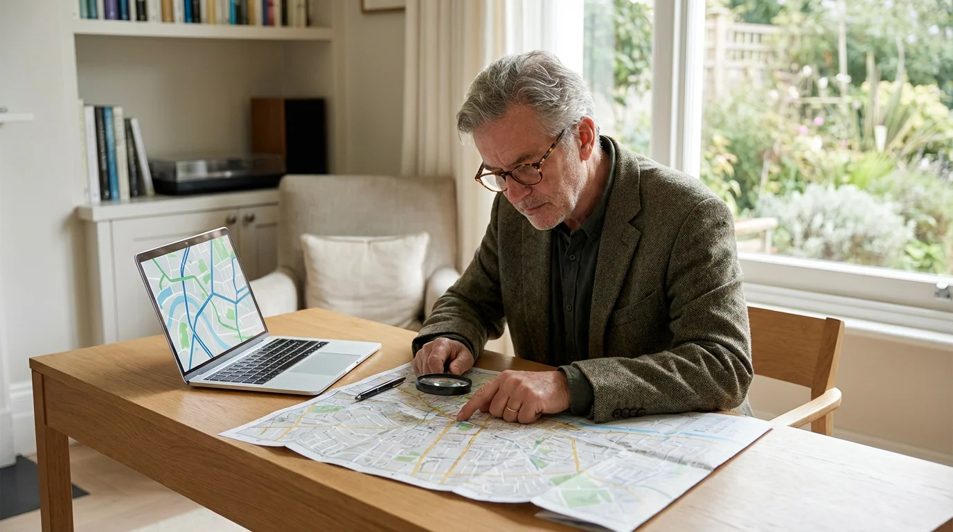 A senior man at a desk researching healthcare options using a map and a laptop.
