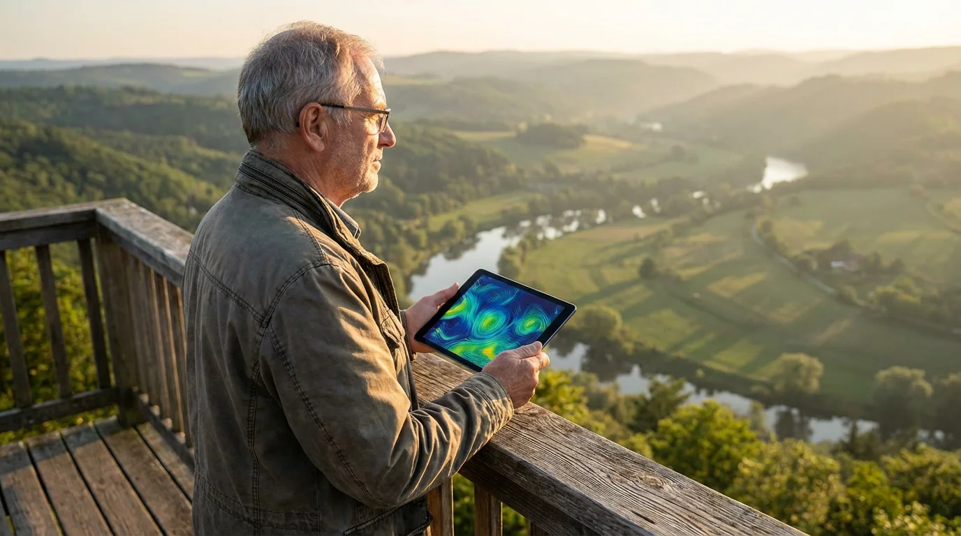 A senior man at a scenic overlook reviews climate data on a tablet.