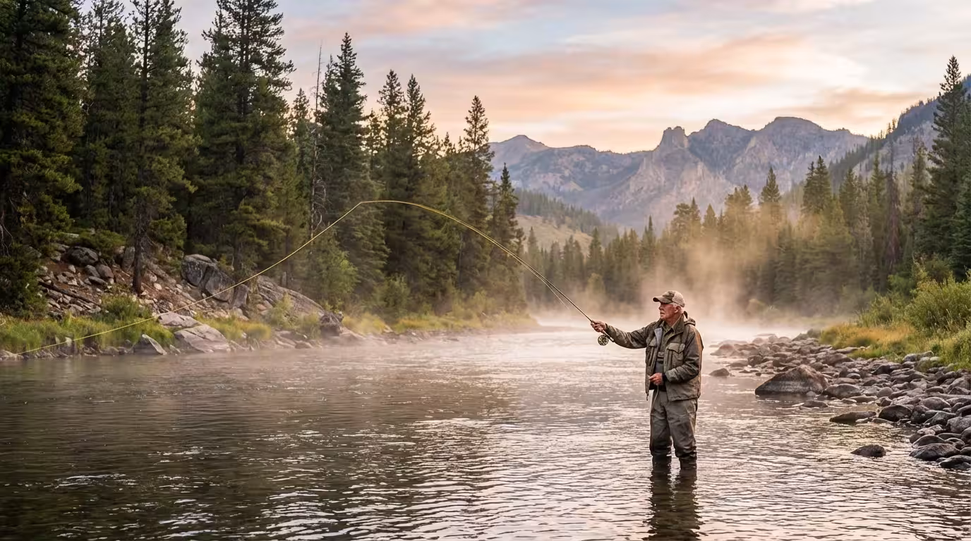 A senior man fly-fishes in a vast Idaho river at sunrise with mountains behind.