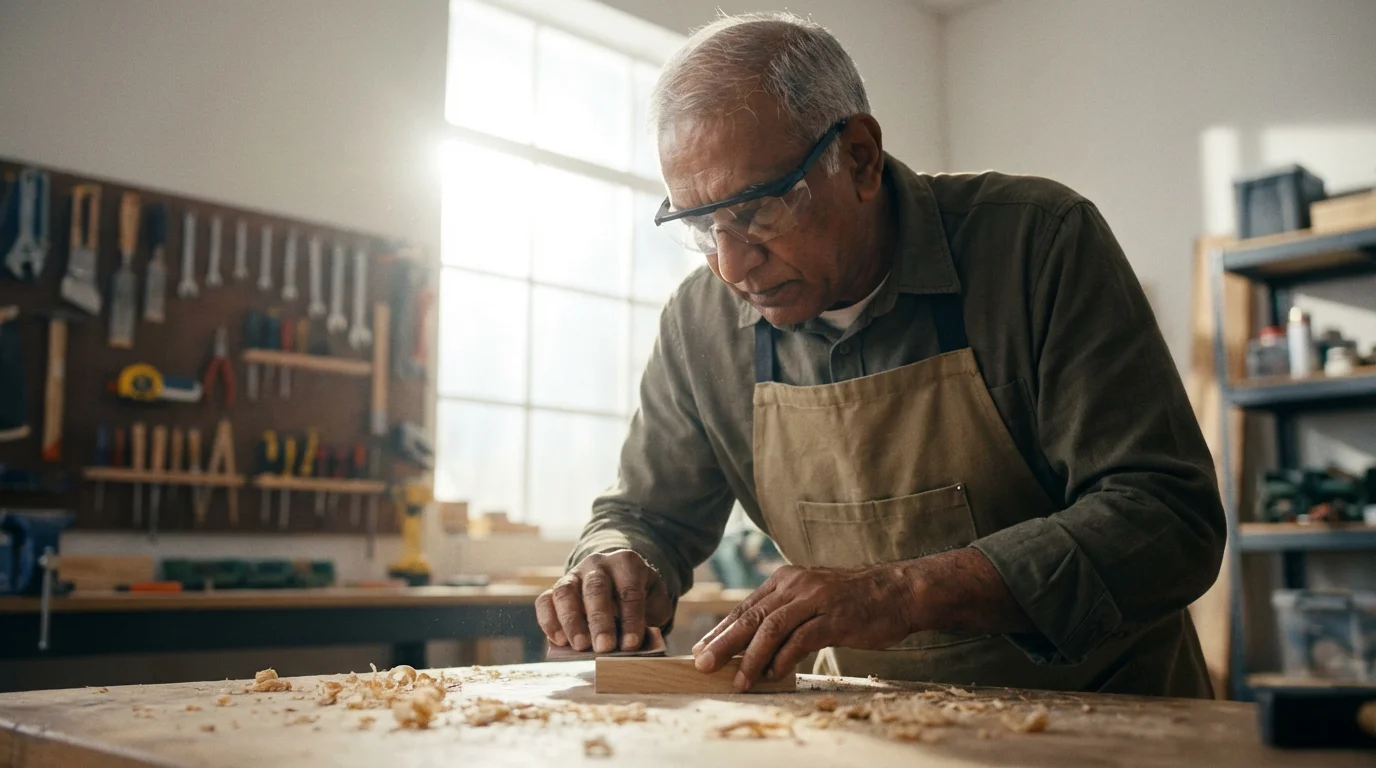 A senior man focused on a woodworking project in a well-lit community workshop.