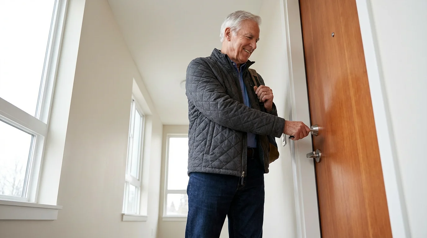 A senior man happily locking his modern apartment door, representing the flexibility of renting.