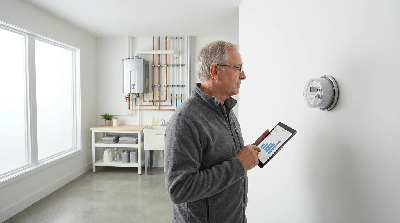 A senior man in a new home's utility room checking his smart meter with a tablet.