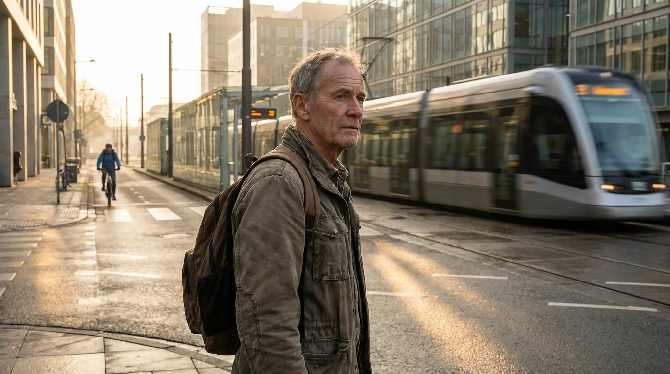 A senior man on a city corner with a light rail train and bike lane.