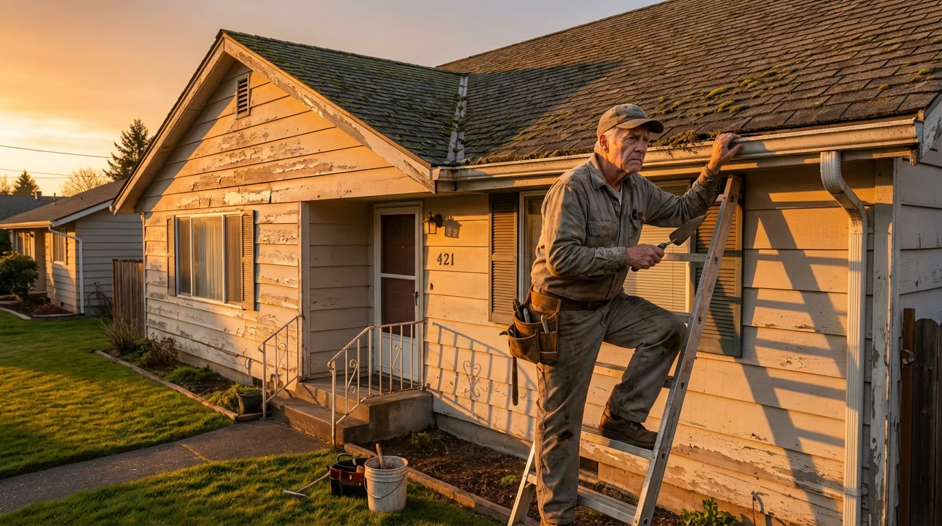 A senior man on a ladder inspects his home's roof gutter during a warm sunset.