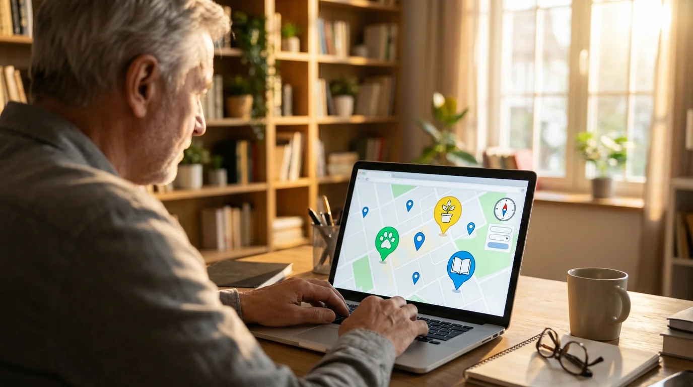 A senior man researches volunteer opportunities on a laptop in a sunlit room.