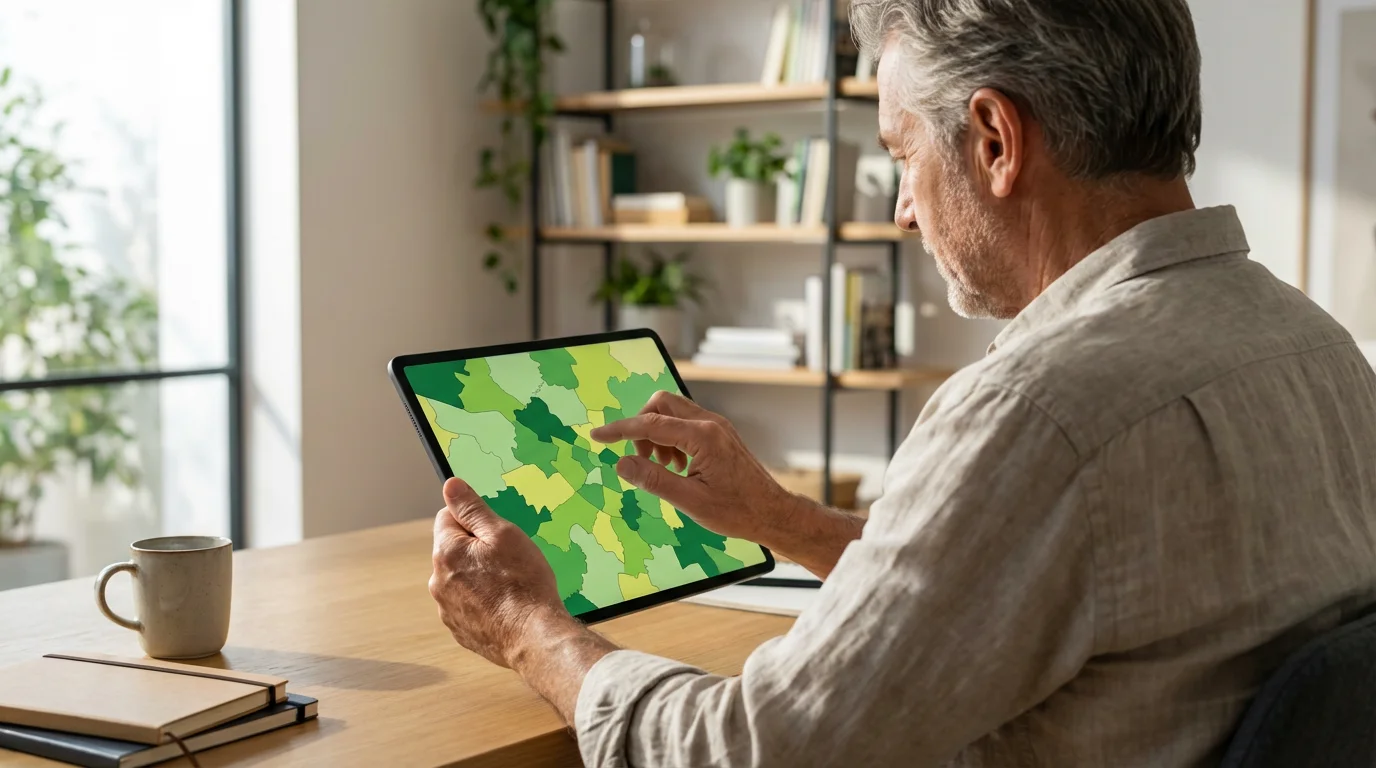 A senior man seen from over his shoulder, researching areas on a digital map tablet.