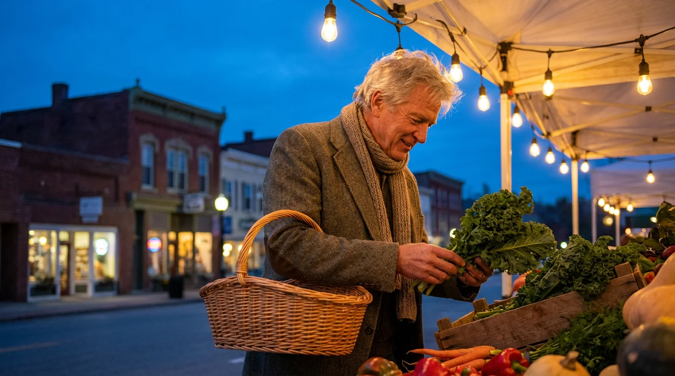 A senior man shops for fresh vegetables at a small town farmers' market at dusk.
