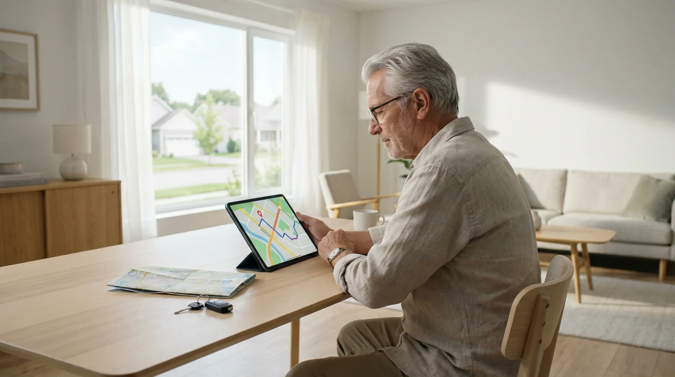 A senior man sits at a desk planning transportation with a tablet map.