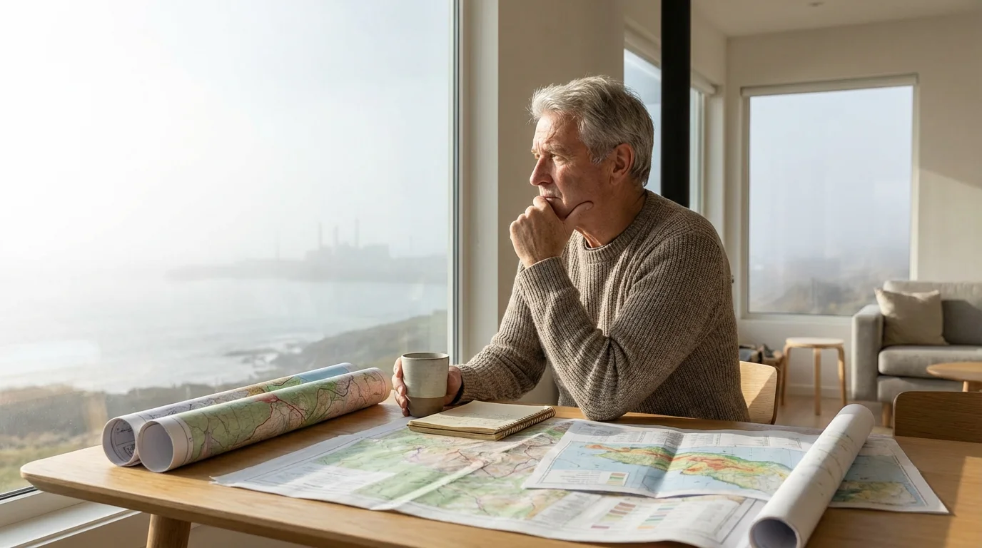 A senior man sits at a desk with maps looking out a window thoughtfully.