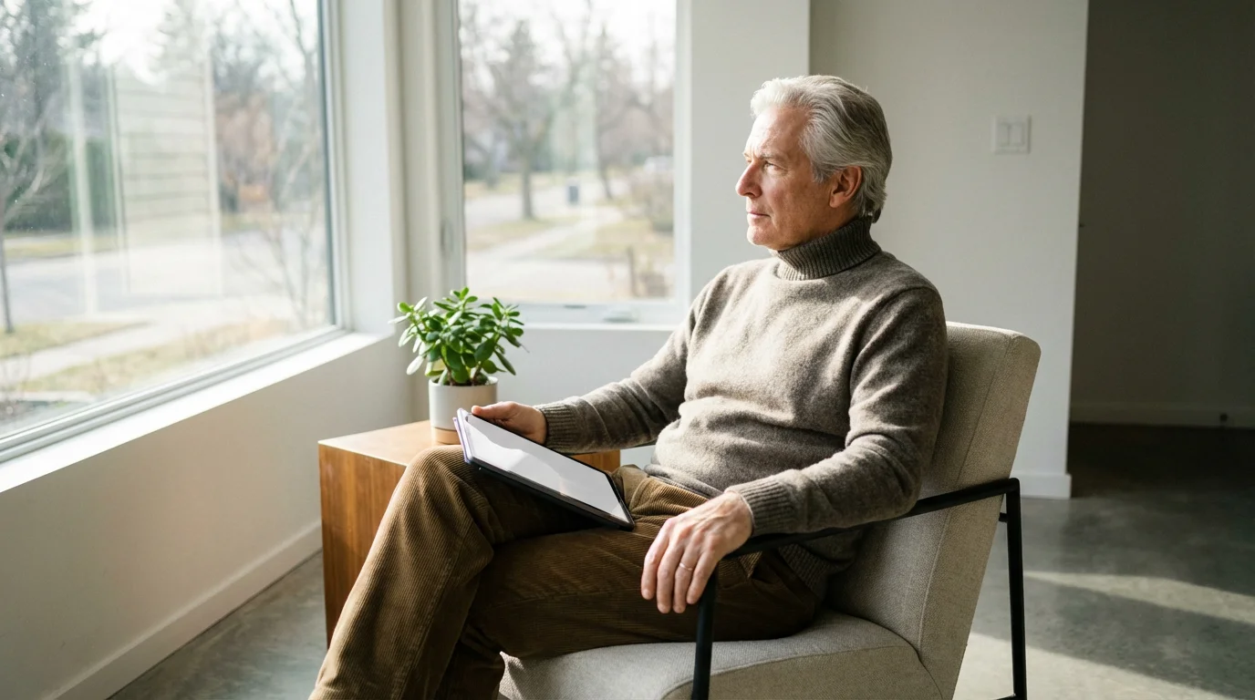 A senior man sits in a sunlit living room, thoughtfully looking out a window.
