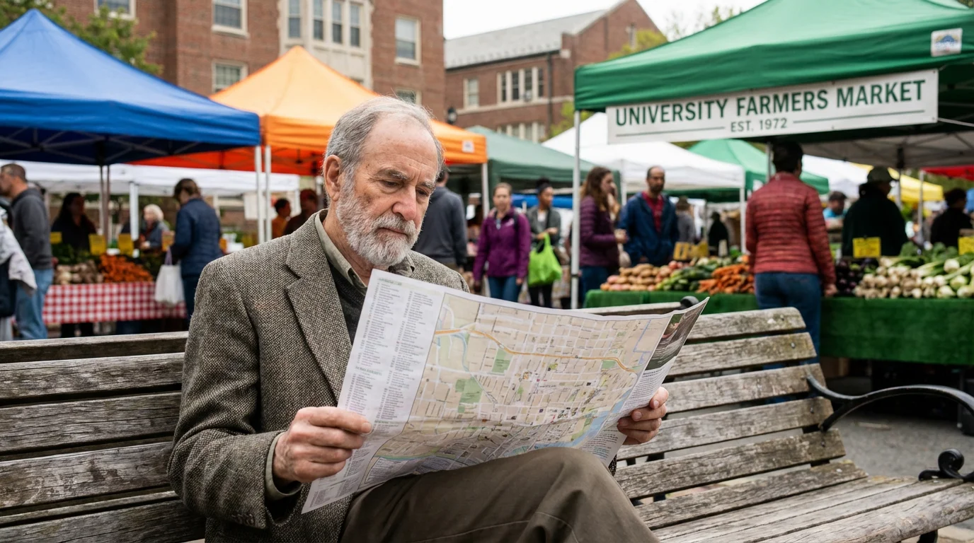 A senior man sits on a park bench looking at a map in a college town.