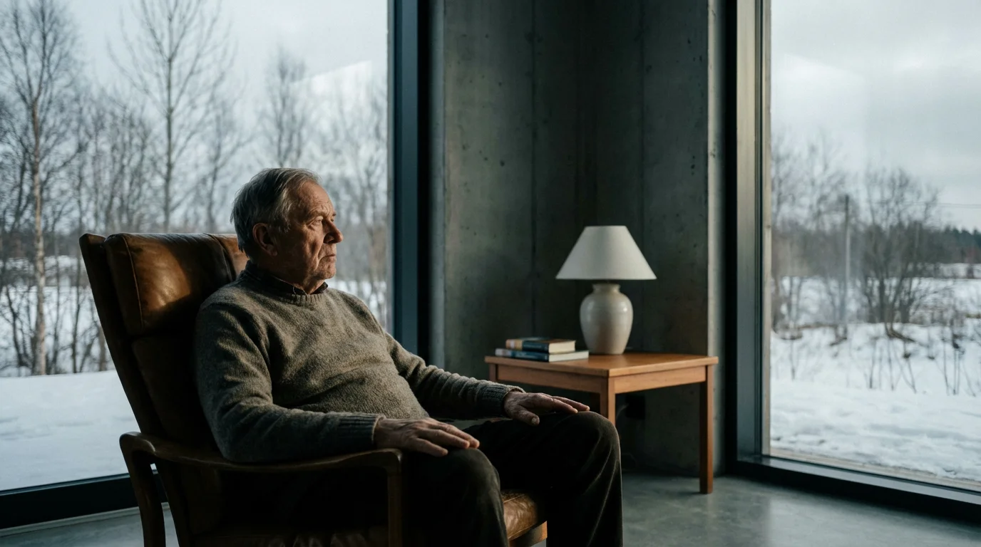 A senior man sitting alone in a chair, looking out a window on a gloomy day.