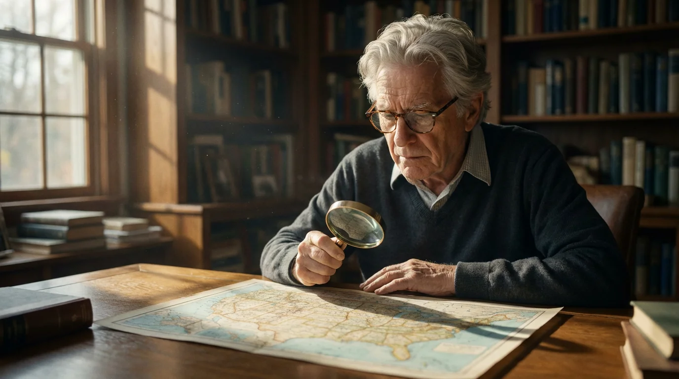 A senior man studies a map of the United States, planning senior living options.