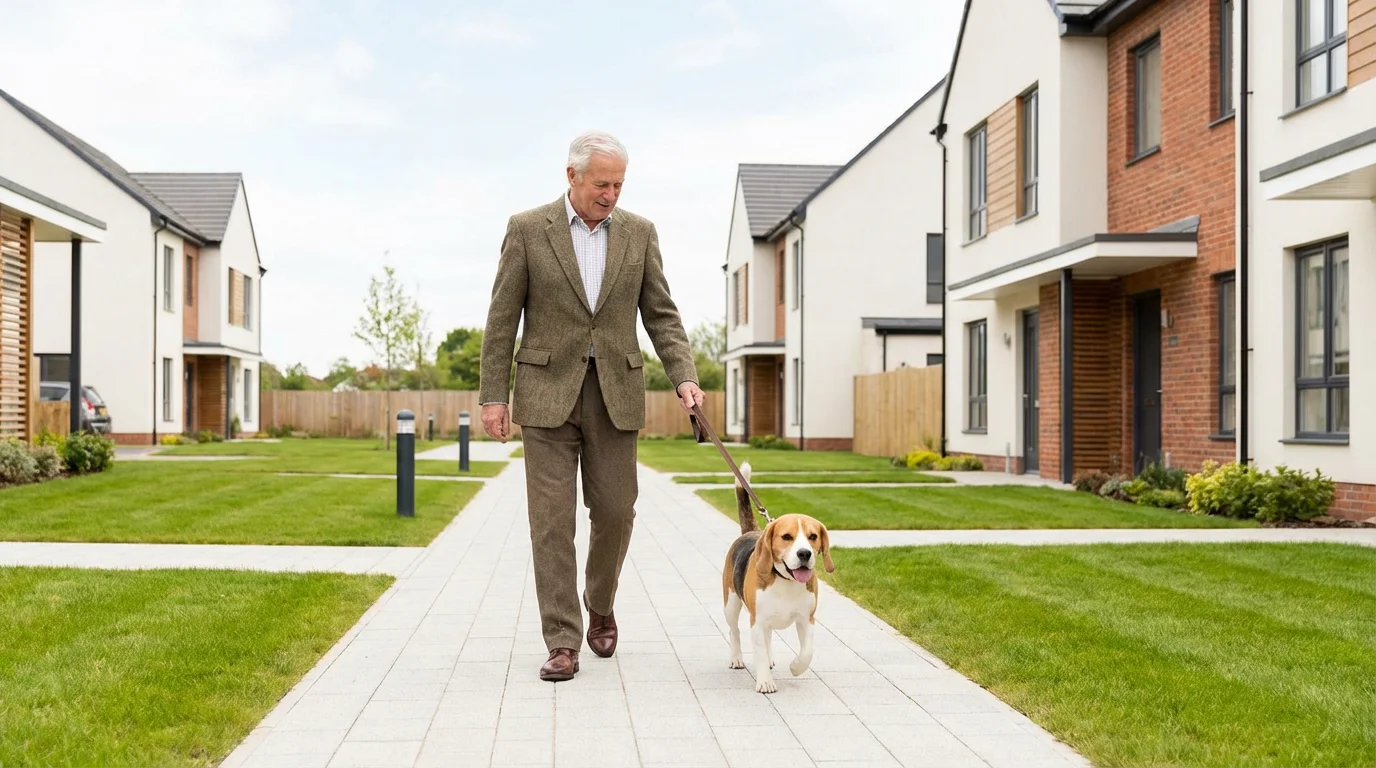 A senior man walks his beagle dog along a path in a pet-friendly community.