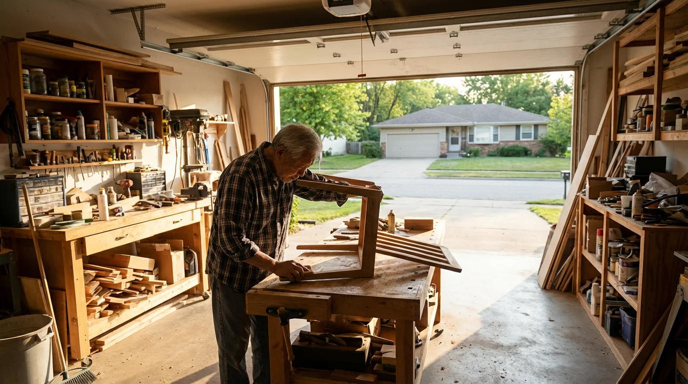 A senior man woodworking in his home garage in the late afternoon light.
