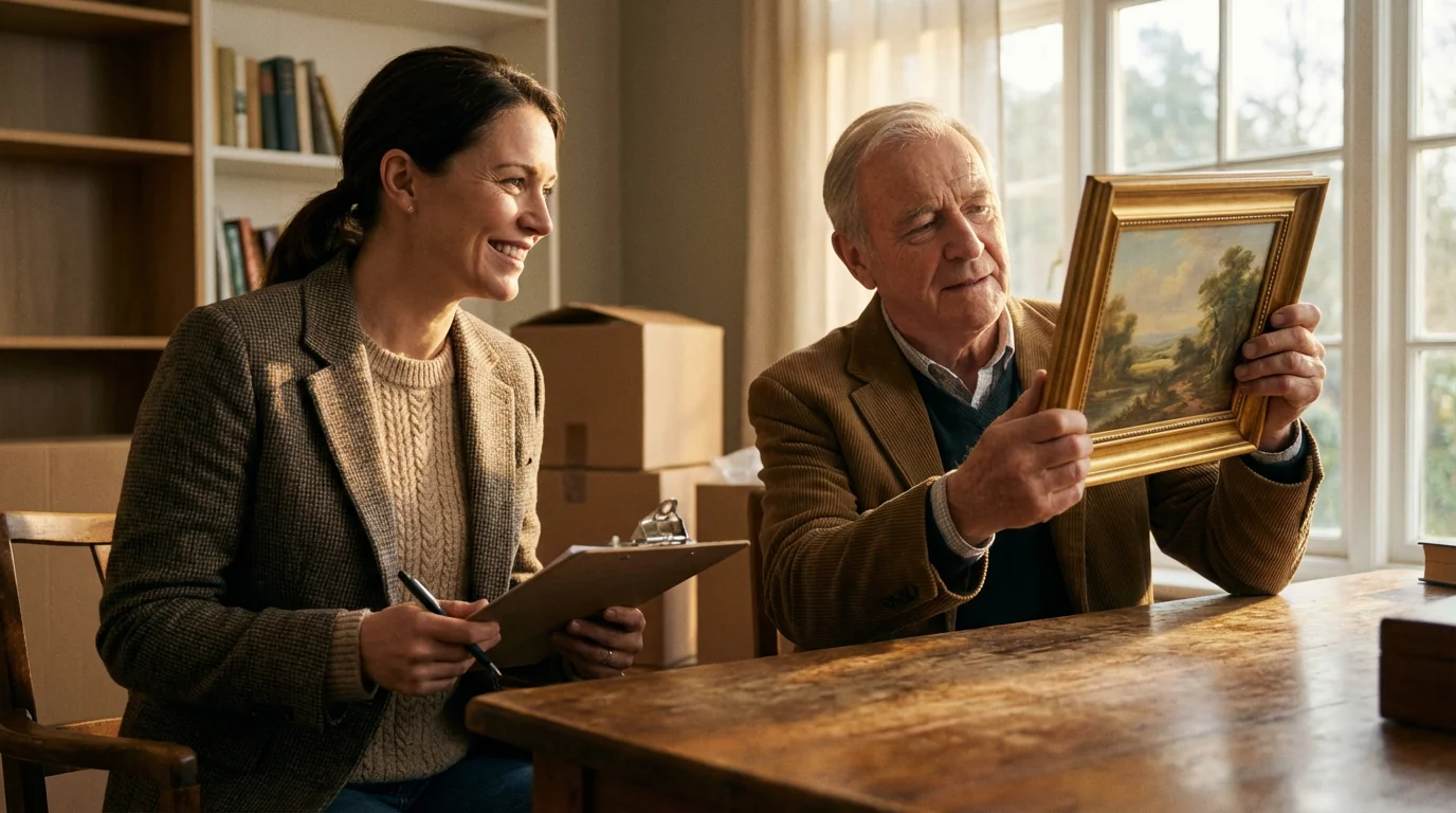 A senior move manager assists an elderly man with downsizing his home office possessions.