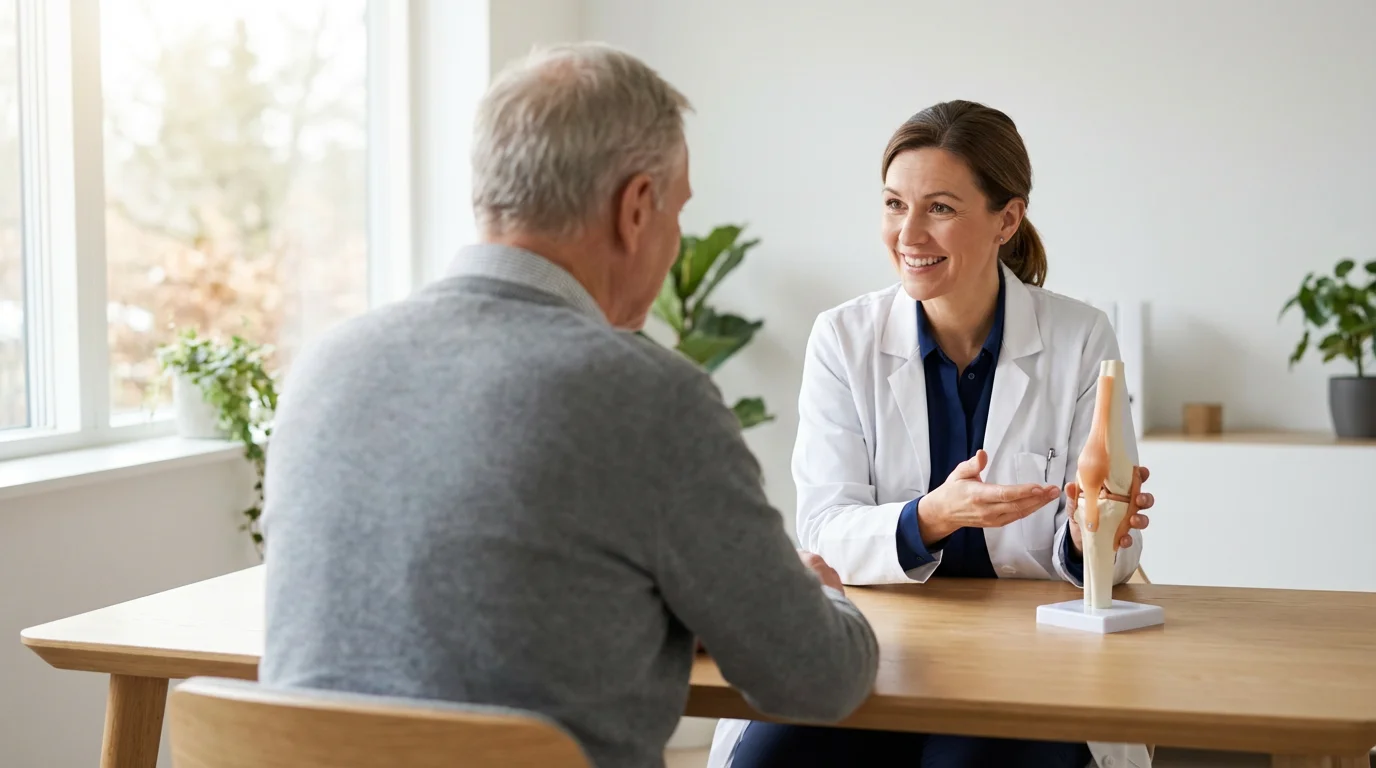 A senior patient in a consultation with a doctor in a modern, sunlit office.