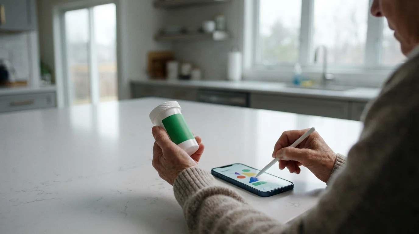 A senior person manages healthcare costs on a smartphone with a prescription bottle nearby.
