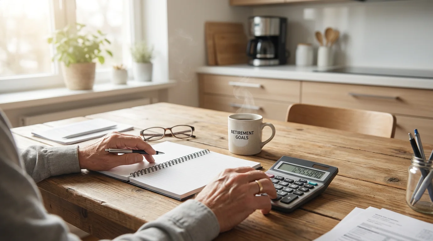 A senior person's hands at a table, budgeting with a calculator and notebook.