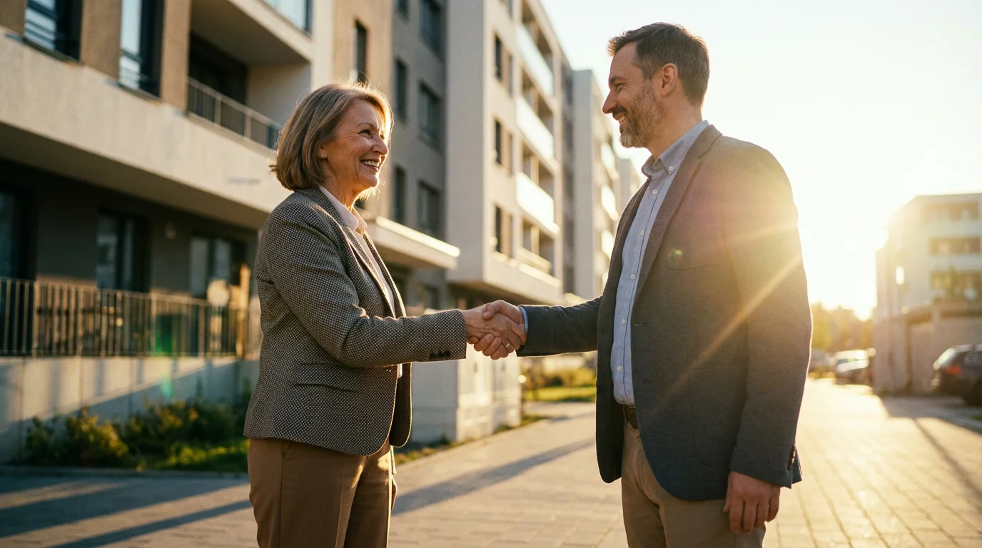 A senior woman and a property manager shaking hands outside an apartment at golden hour.