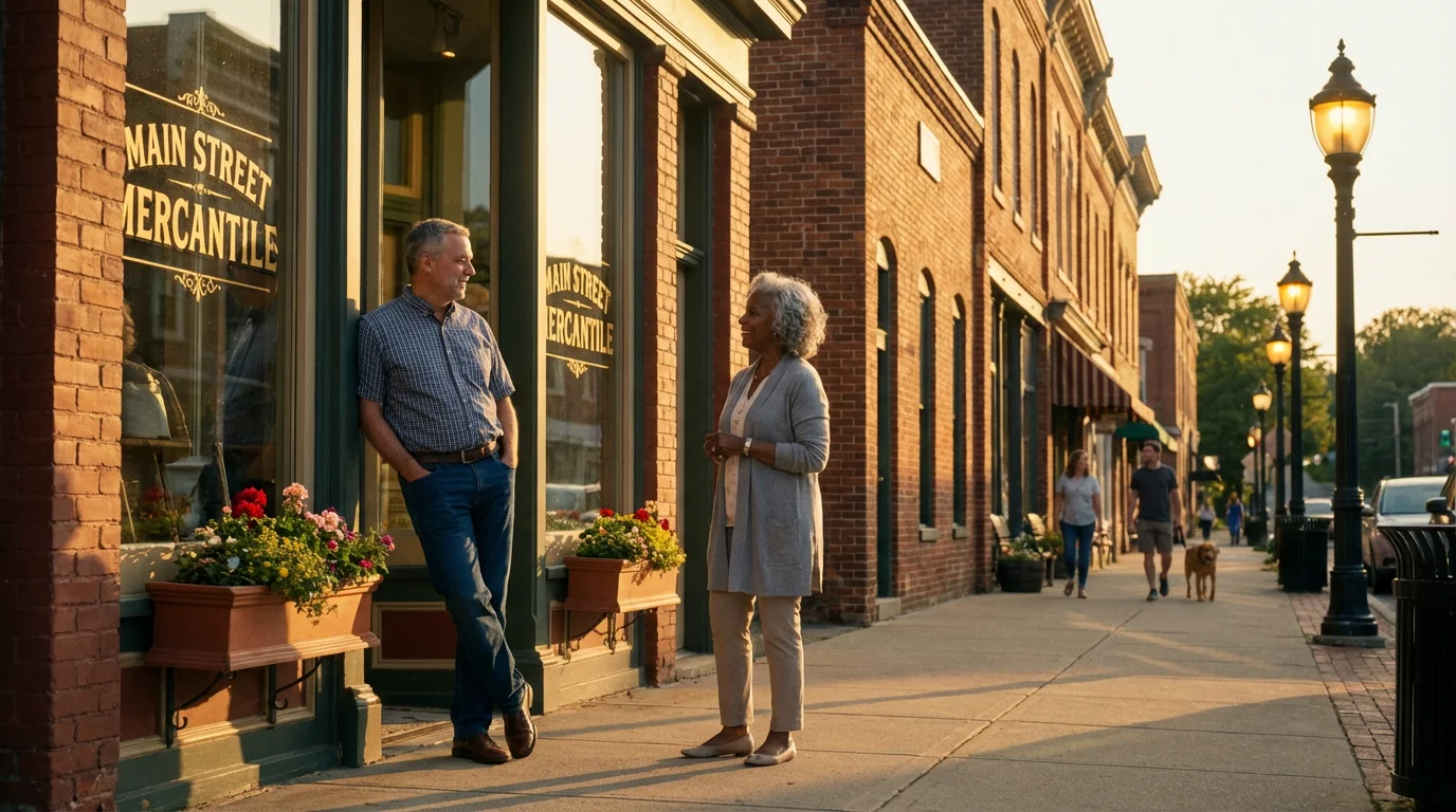 A senior woman chats with a local shop owner on a sunny small-town street.