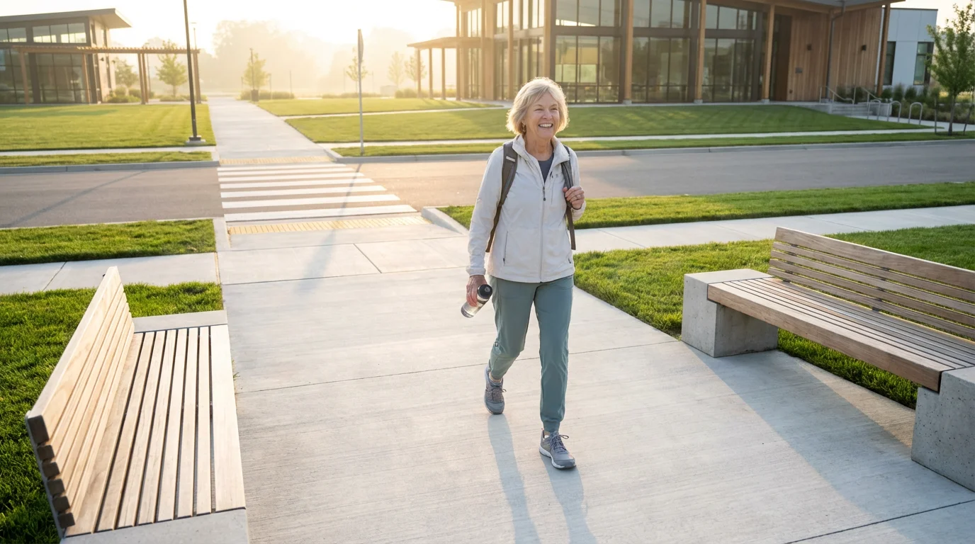 A senior woman enjoys a morning walk on a safe, wide sidewalk in her community.